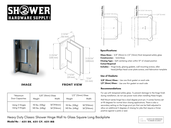 Heavy Duty 5 Degree Hinge Full Back Square - 4511