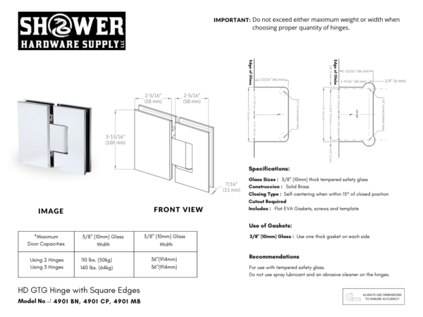 Heavy Duty 180 Degree Hinge Glass To Glass Square - 4901