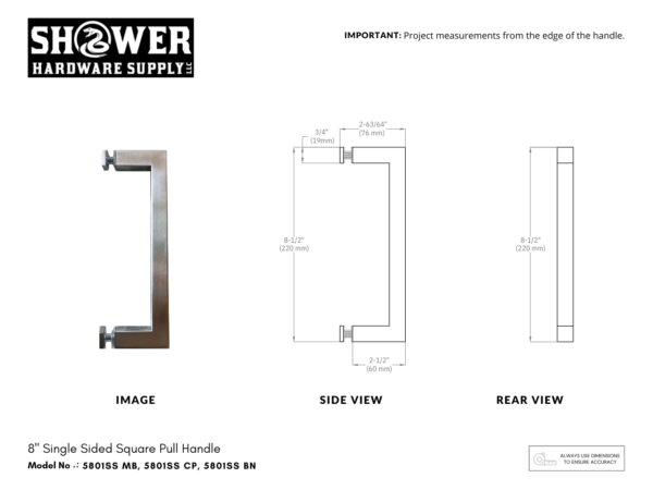 8" Pull Single Sided Handle Square - 5801SS