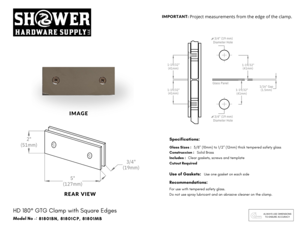 Glass Clamp 180 Degree Square Dbl Stud Square - 81801